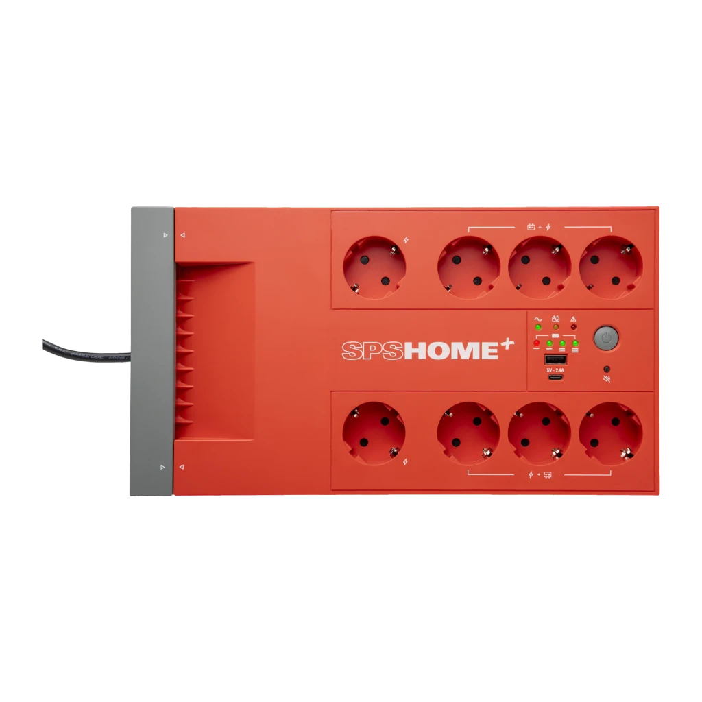 SAI UPS Salicru SPS 850 HOME+ Linha Interativa 650VA 360W Vermelho, detalhe: vista frontal com 8 tomadas Schuko, painel LED