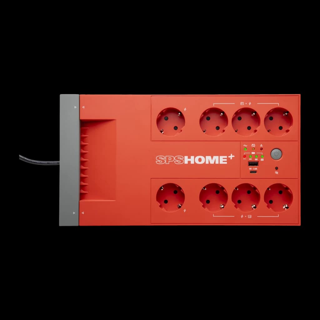 SAI UPS Salicru SPS 850 HOME+ Linha Interativa 650VA 360W Vermelho, detalhe: vista frontal com 8 tomadas Schuko, painel LED
