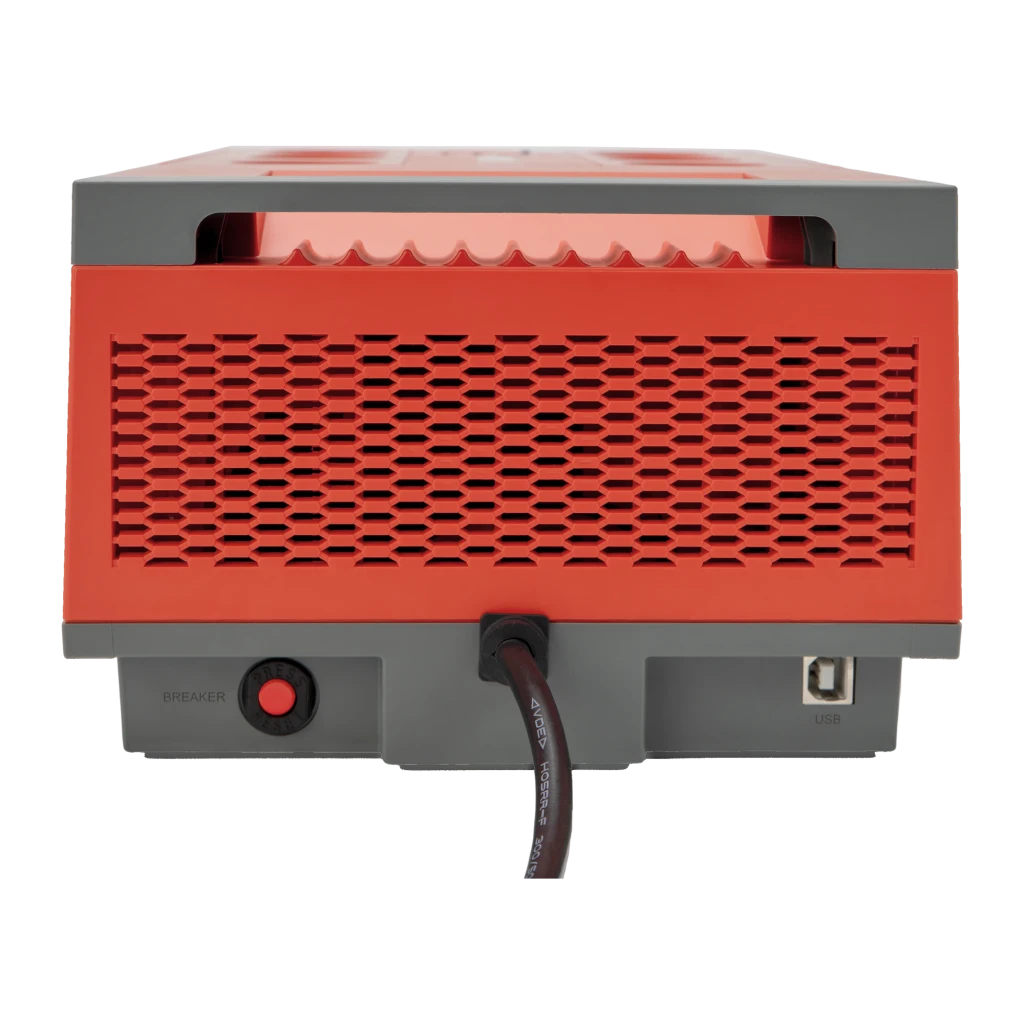 SAI UPS Salicru SPS 850 HOME+ Linha Interativa 650VA 360W Vermelho, vista traseira: grelha de ventilação, disjuntor, cabo