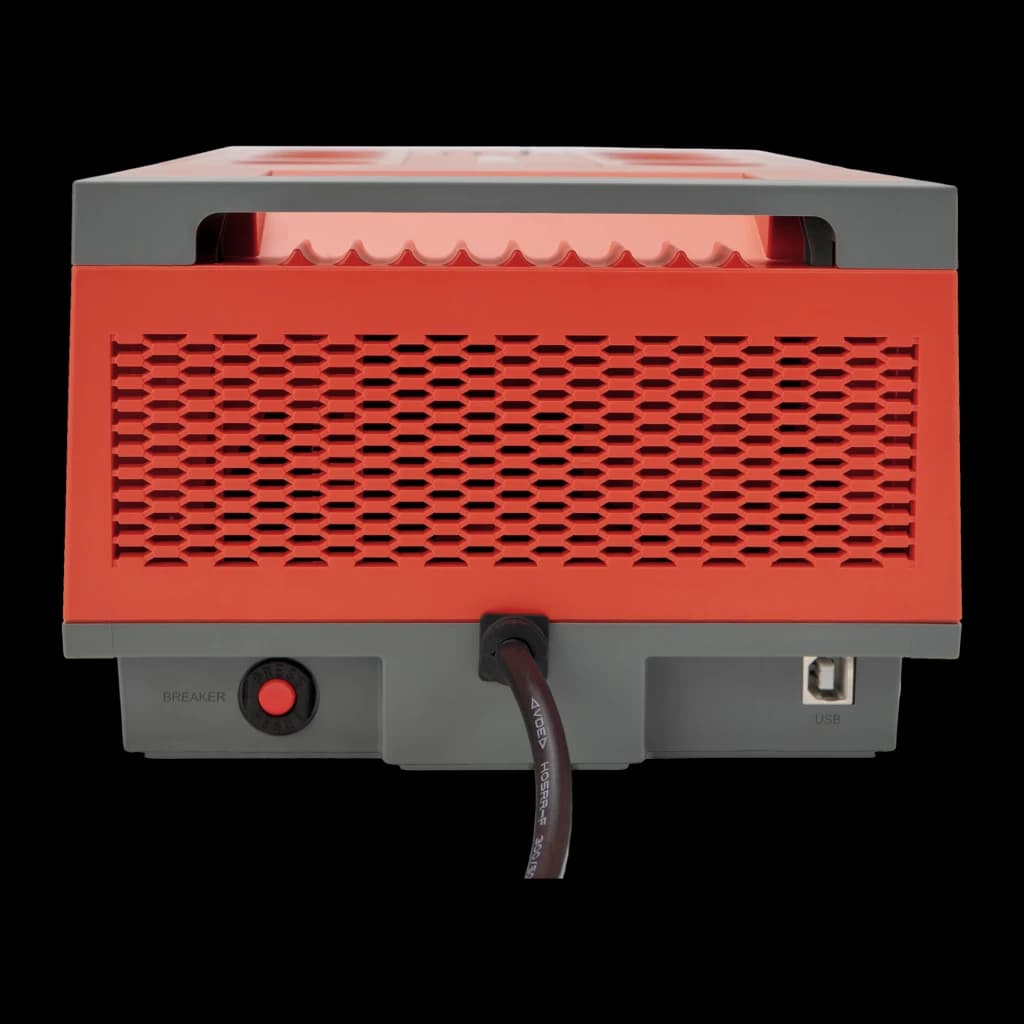 SAI UPS Salicru SPS 850 HOME+ Linha Interativa 650VA 360W Vermelho, vista traseira: grelha de ventilação, disjuntor, cabo