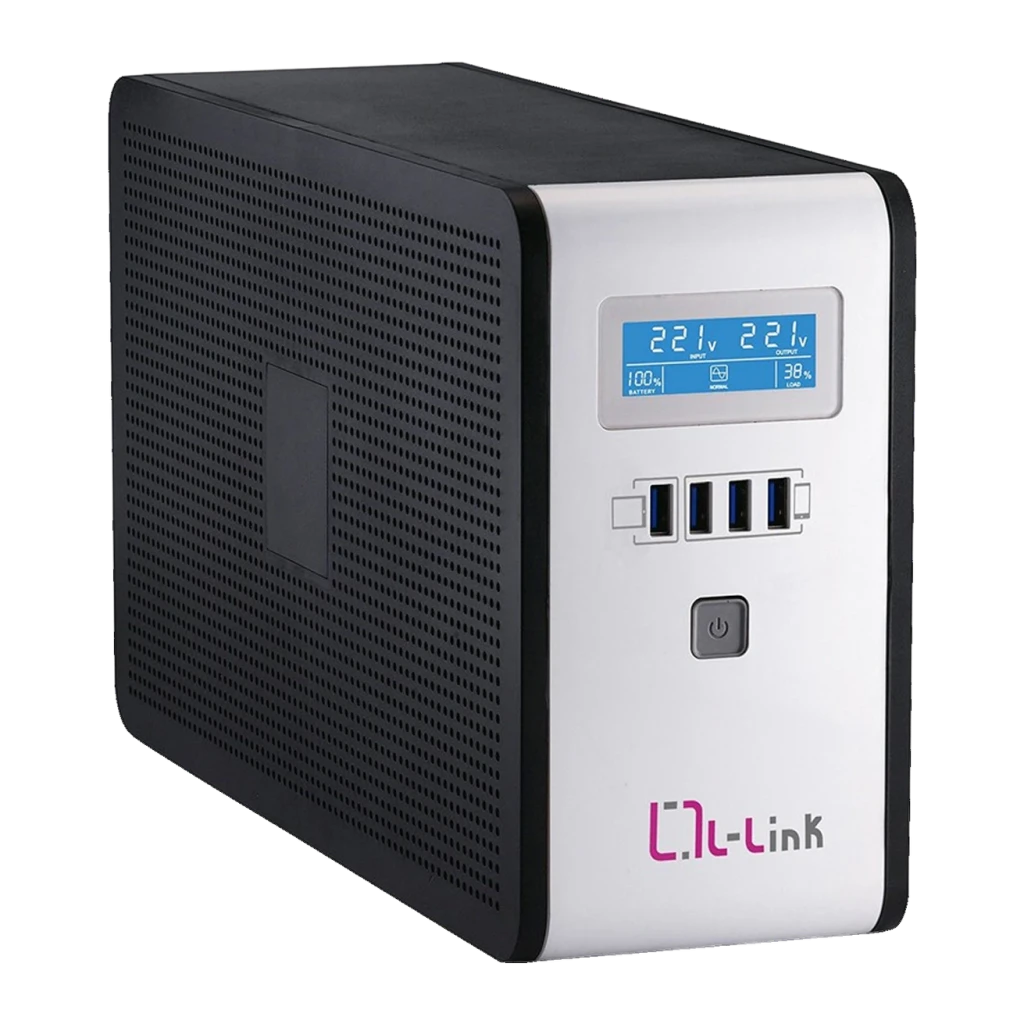 SAI L-Link Interactive 1600VA 900W LL-7716, vista frontal: cuerpo negro y plata con pantalla LCD azul, 4 puertos USB y botón