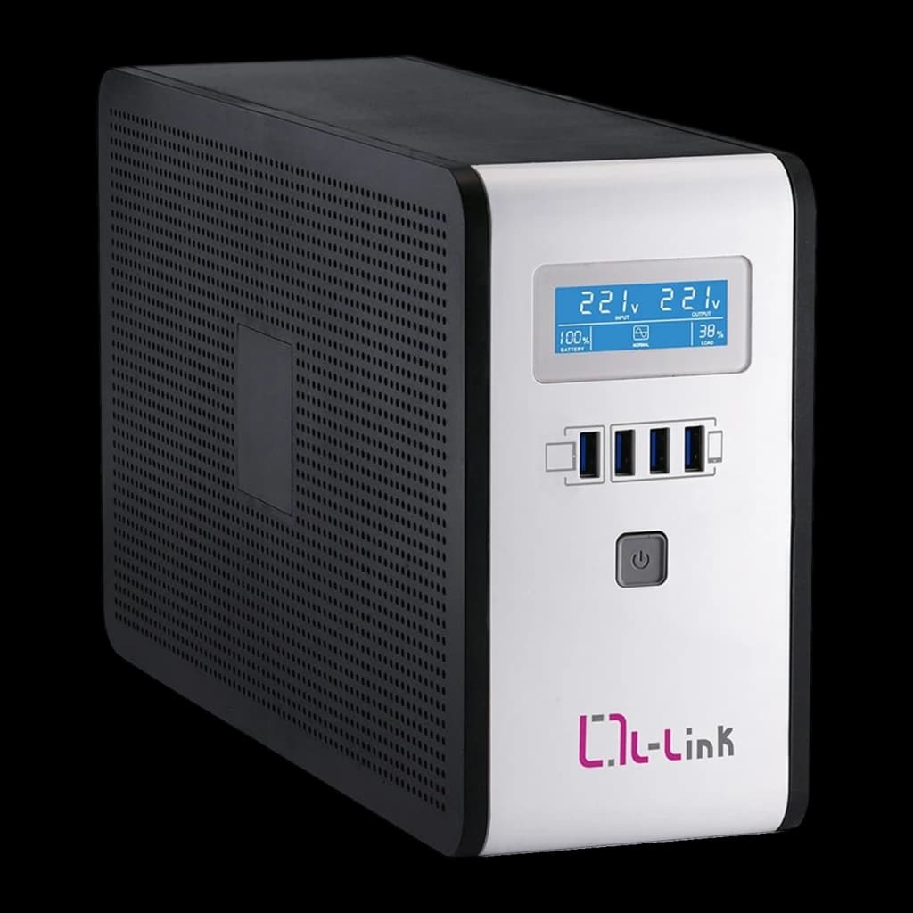 SAI L-Link Interactive 1600VA 900W LL-7716, vista frontal: cuerpo negro y plata con pantalla LCD azul, 4 puertos USB y botón
