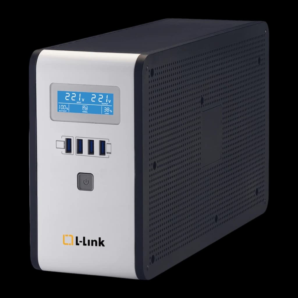 SAI L-Link Interactive 1600VA 900W LL-7716, detalle frontal: pantalla LCD con voltaje entrada/salida, puertos USB y botón