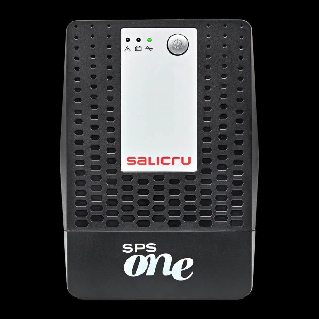 UPS Salicru SPS 1500 ONE Linha Interativa 1500VA 900W Preto, detalhe frontal: painel com LEDs de estado, botão de energia