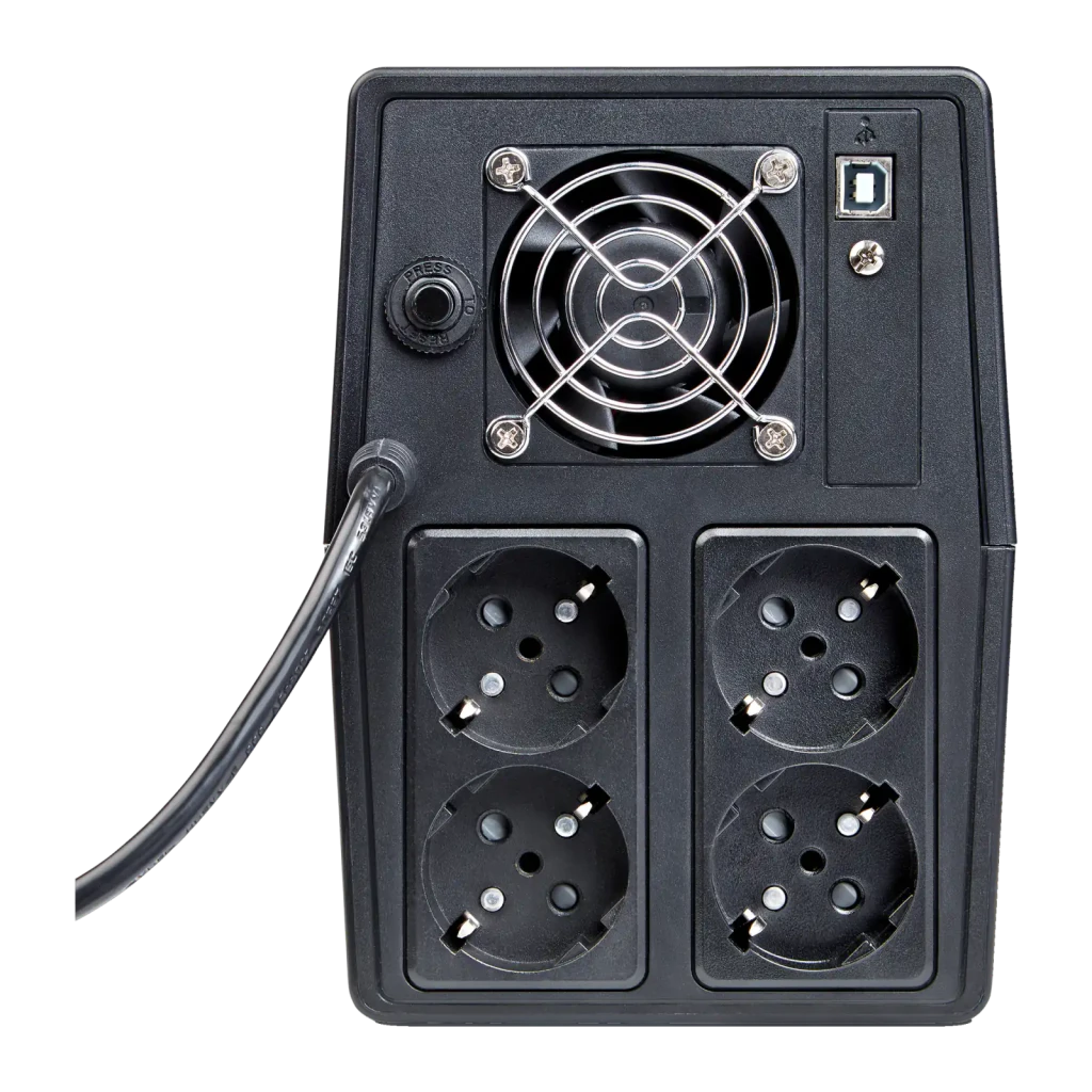 UPS Salicru SPS 1500 ONE Linha Interativa 1500VA 900W Preto, vista traseira: 4 tomadas Schuko, ventoinha, porta USB e cabo