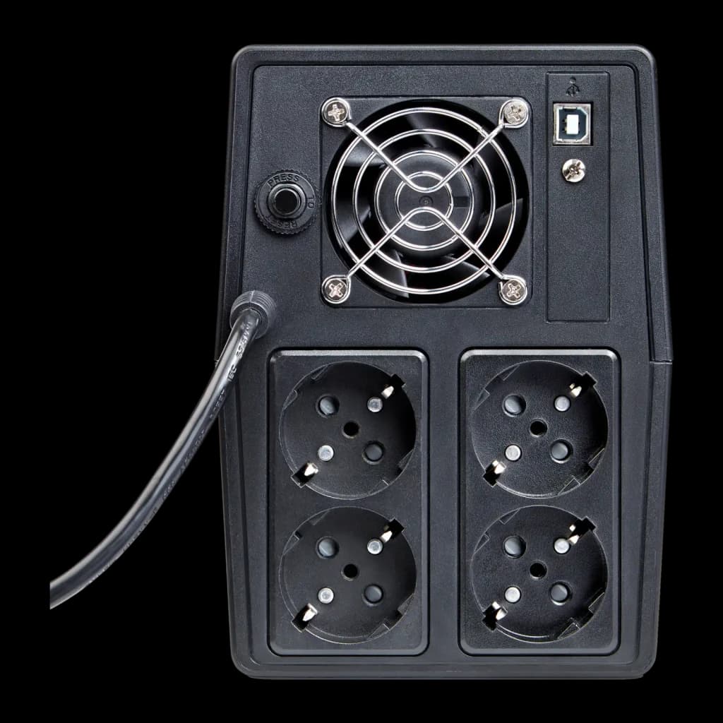 UPS Salicru SPS 1500 ONE Linha Interativa 1500VA 900W Preto, vista traseira: 4 tomadas Schuko, ventoinha, porta USB e cabo