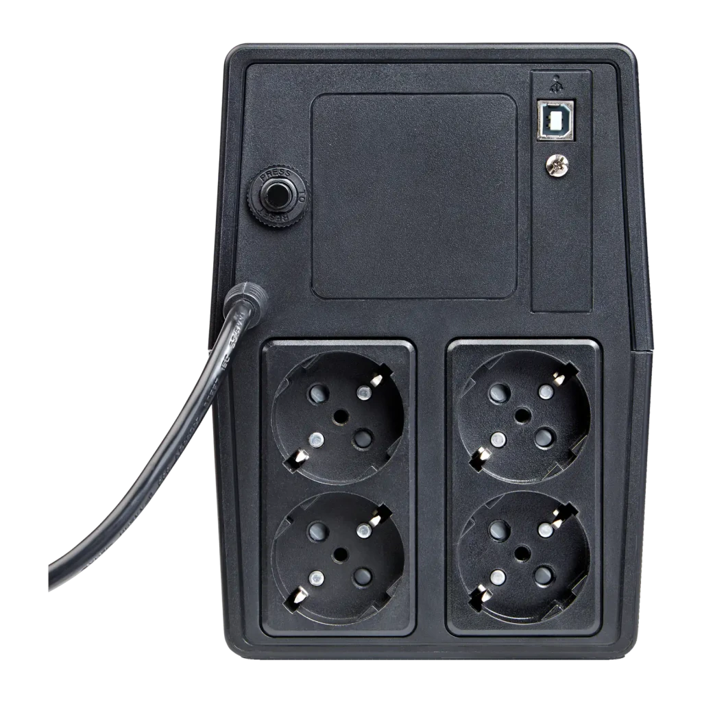Sai ups Salicru SPS 1100 One BL Línea Interactiva 1100VA Negro, vista trasera: 4 tomas Schuko, puerto USB-B y cable