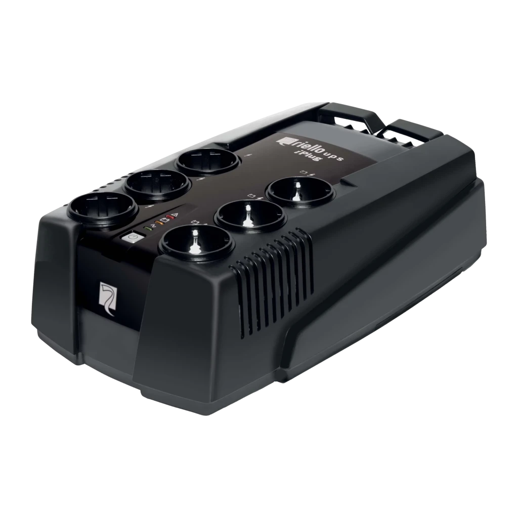 UPS Riello UPS iPlug IPG 600 Offline 600VA 360W Preto, vista frontal: corpo preto com 6 tomadas Schuko, logótipo Riello