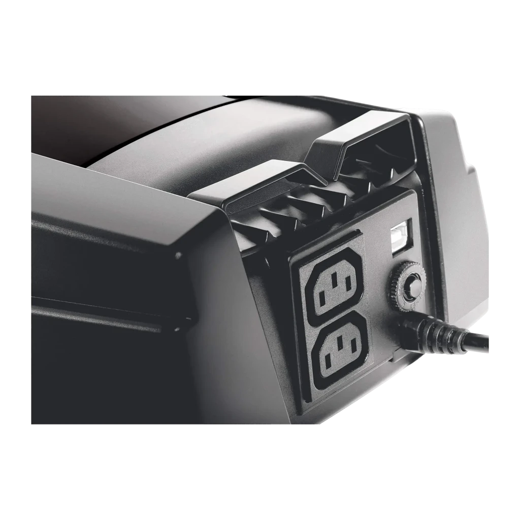 UPS Riello UPS iPlug IPG 600 Offline 600VA 360W Preto, vista traseira: duas tomadas IEC C13, botão e cabo de saída