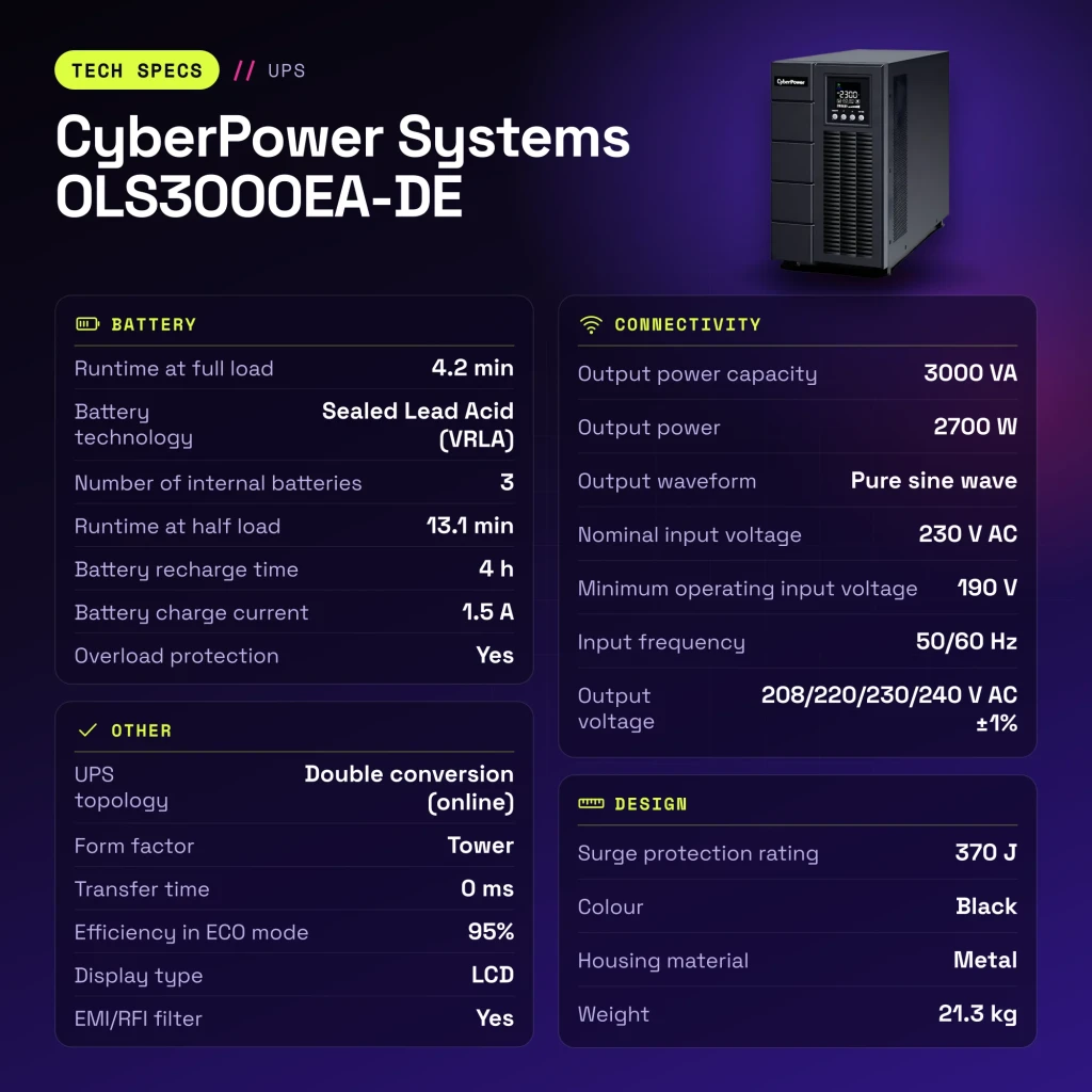 Onduleur UPS CyberPower Systems OLS3000EA-DE Online 3000VA 2700W Noir - caractéristiques