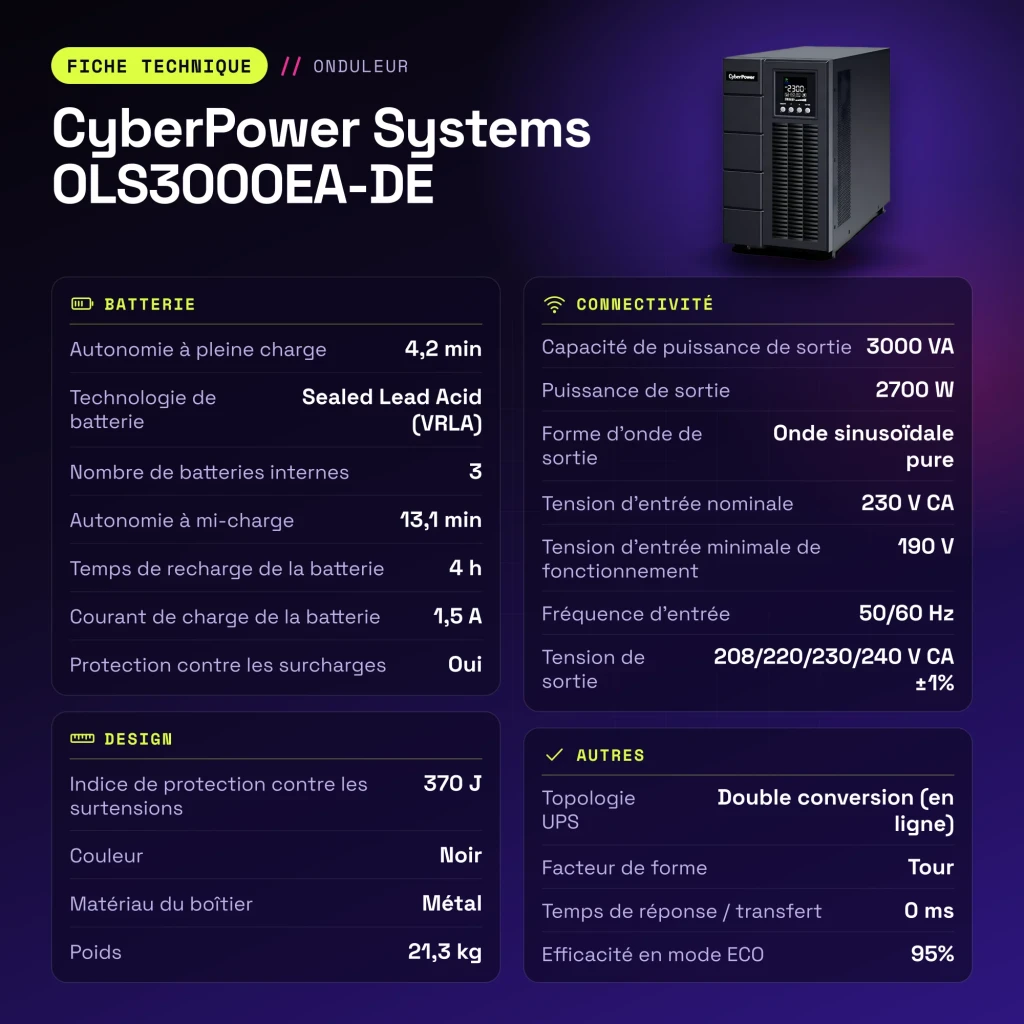 Onduleur UPS CyberPower Systems OLS3000EA-DE Online 3000VA 2700W Noir - caractéristiques