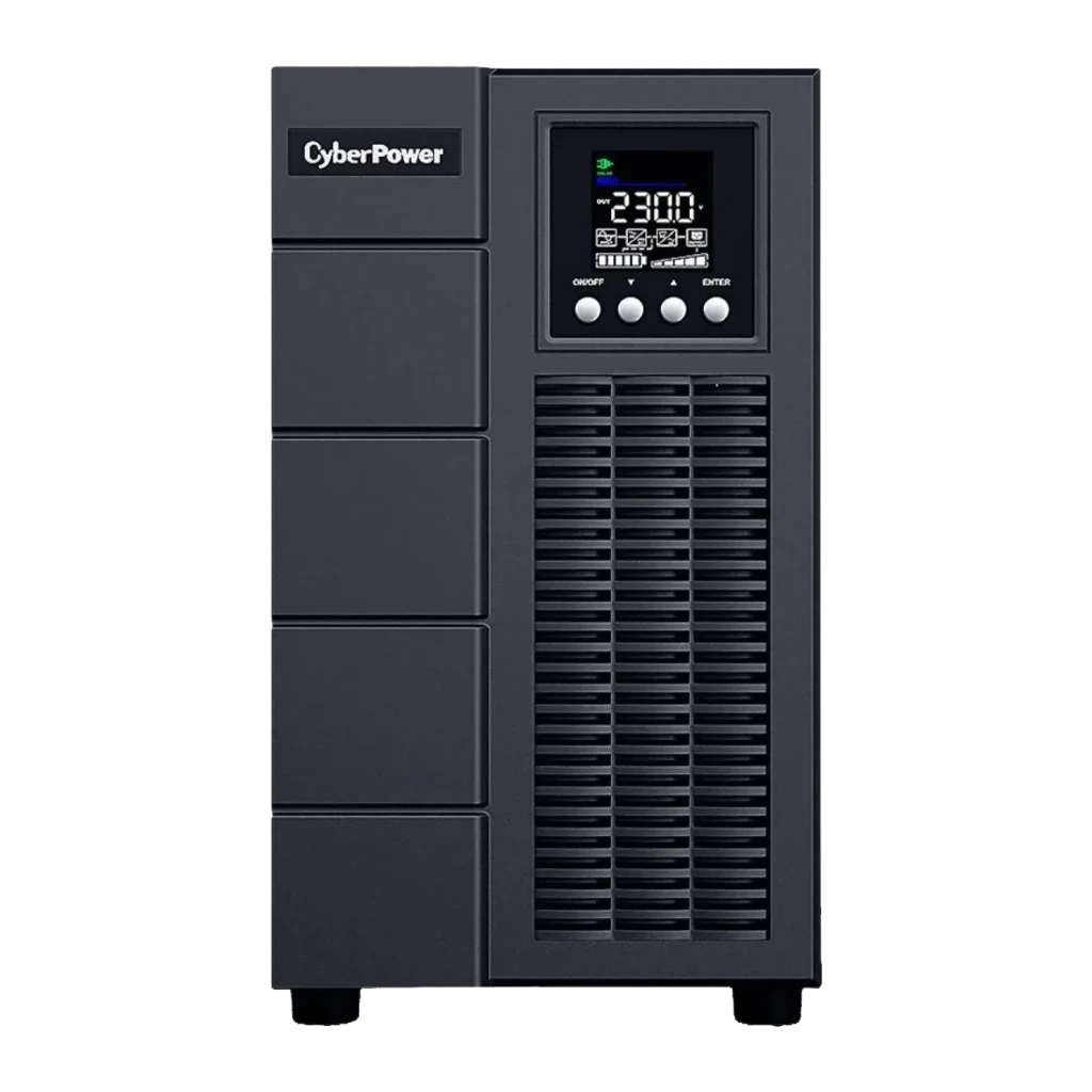 Onduleur UPS CyberPower Systems OLS3000EA-DE Online 3000VA 2700W Noir, détail façade: écran LCD affichant 230V, boutons