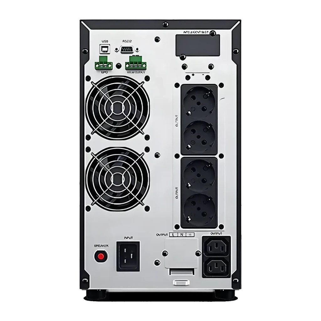 Onduleur UPS CyberPower Systems OLS3000EA-DE Online 3000VA 2700W Noir, vue arrière: deux ventilateurs, ports USB RS232