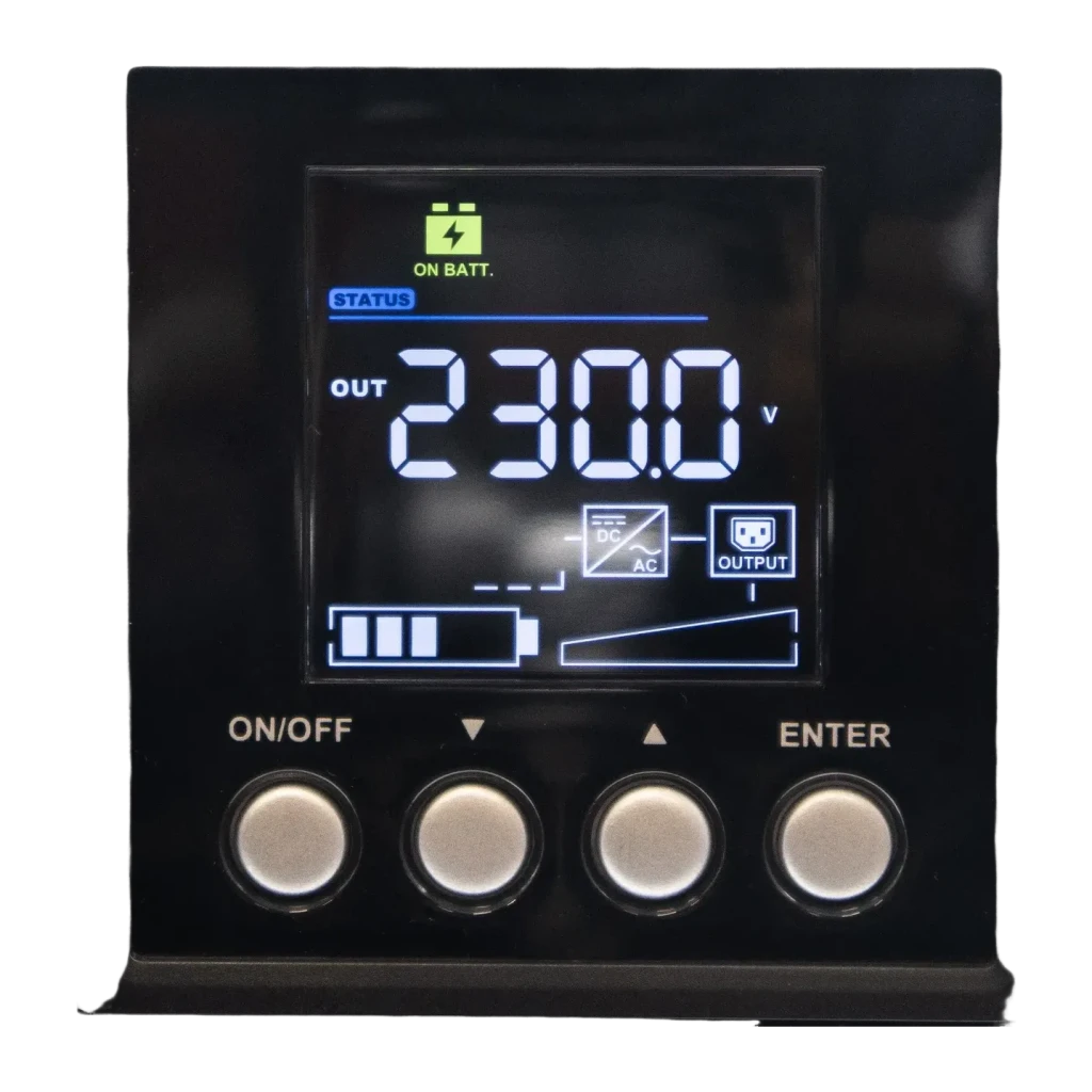 Onduleur UPS CyberPower Systems OLS3000EA-DE Online 3000VA 2700W Noir, détail: écran LCD affichant 230V en sortie, icône