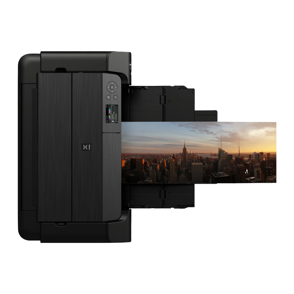 Impressora fotográfica Canon PIXMA PRO-200 A3+ Não multifunções Tinta Preto, detalhe: impressão panorâmica de cidade a sair