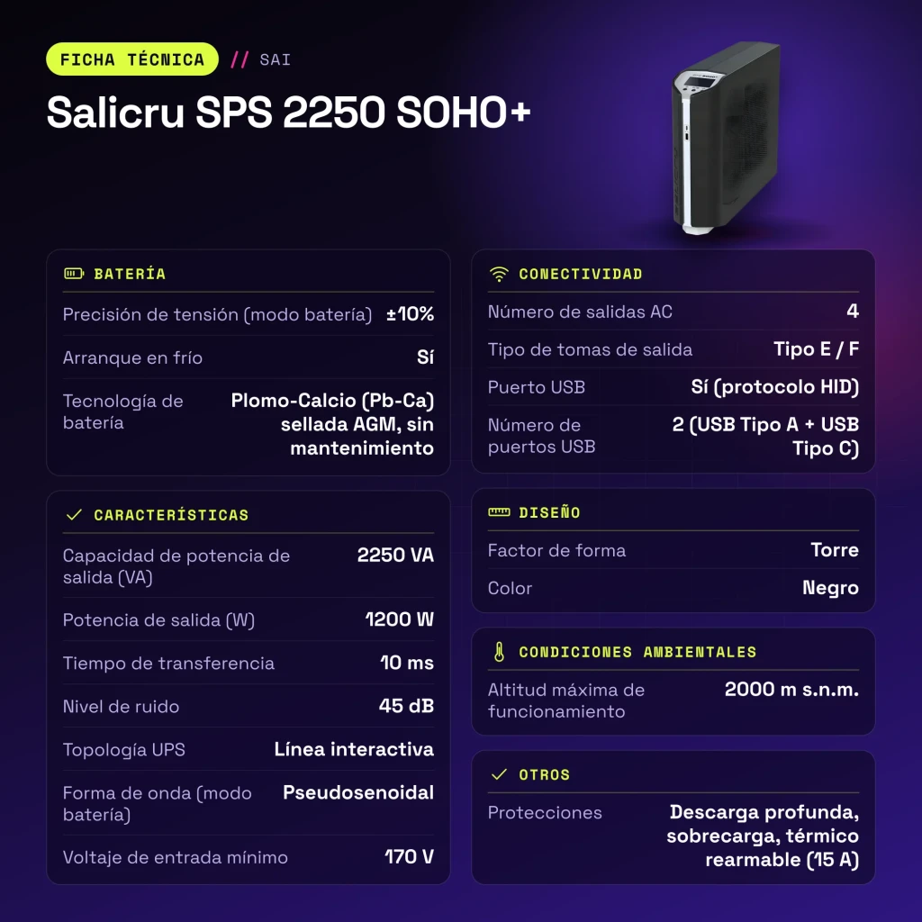 SAI Salicru SPS 2250 SOHO+ Línea Interactiva 2250VA Negro - características