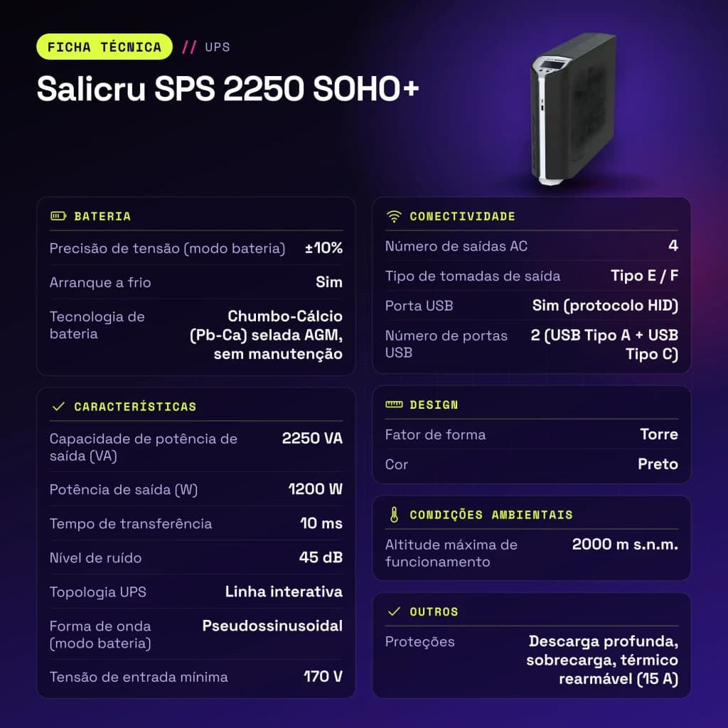 UPS Salicru SPS 2250 SOHO+ Linha Interativa 2250VA Preto - características