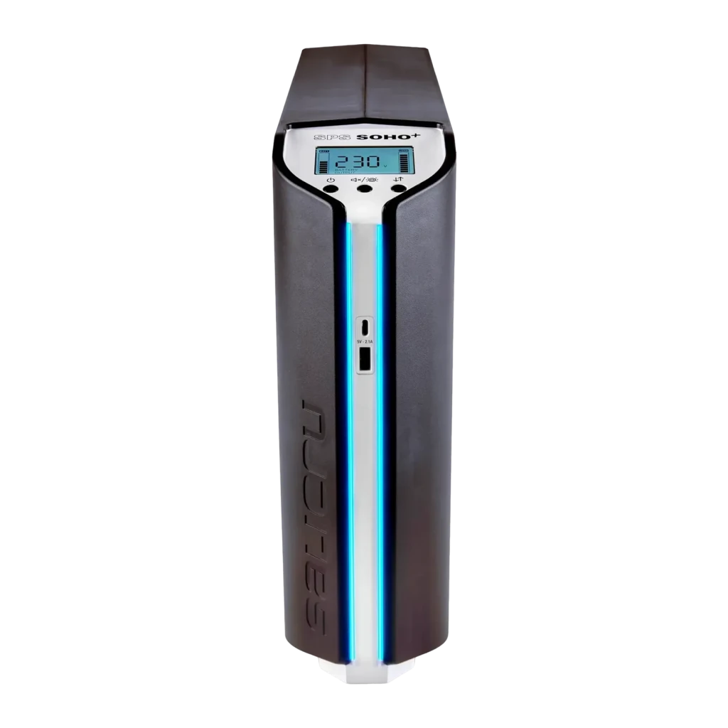 UPS Salicru SPS 2250 SOHO+ Linha Interativa 2250VA Preto, detalhe frontal: ecrã LCD, faixa LED azul e porta USB visíveis