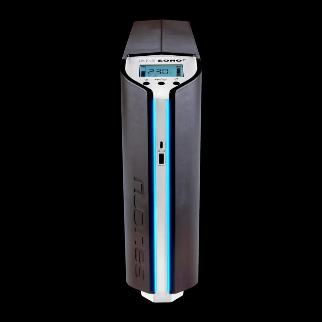 UPS Salicru SPS 2250 SOHO+ Linha Interativa 2250VA Preto, detalhe frontal: ecrã LCD, faixa LED azul e porta USB visíveis
