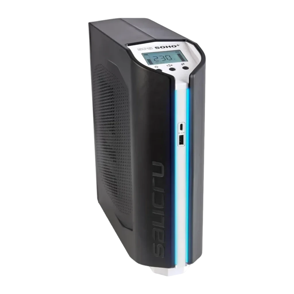 UPS Salicru SPS 2250 SOHO+ Linha Interativa 2250VA Preto, detalhe: vista lateral em ângulo com ecrã LCD, faixa azul e grelha