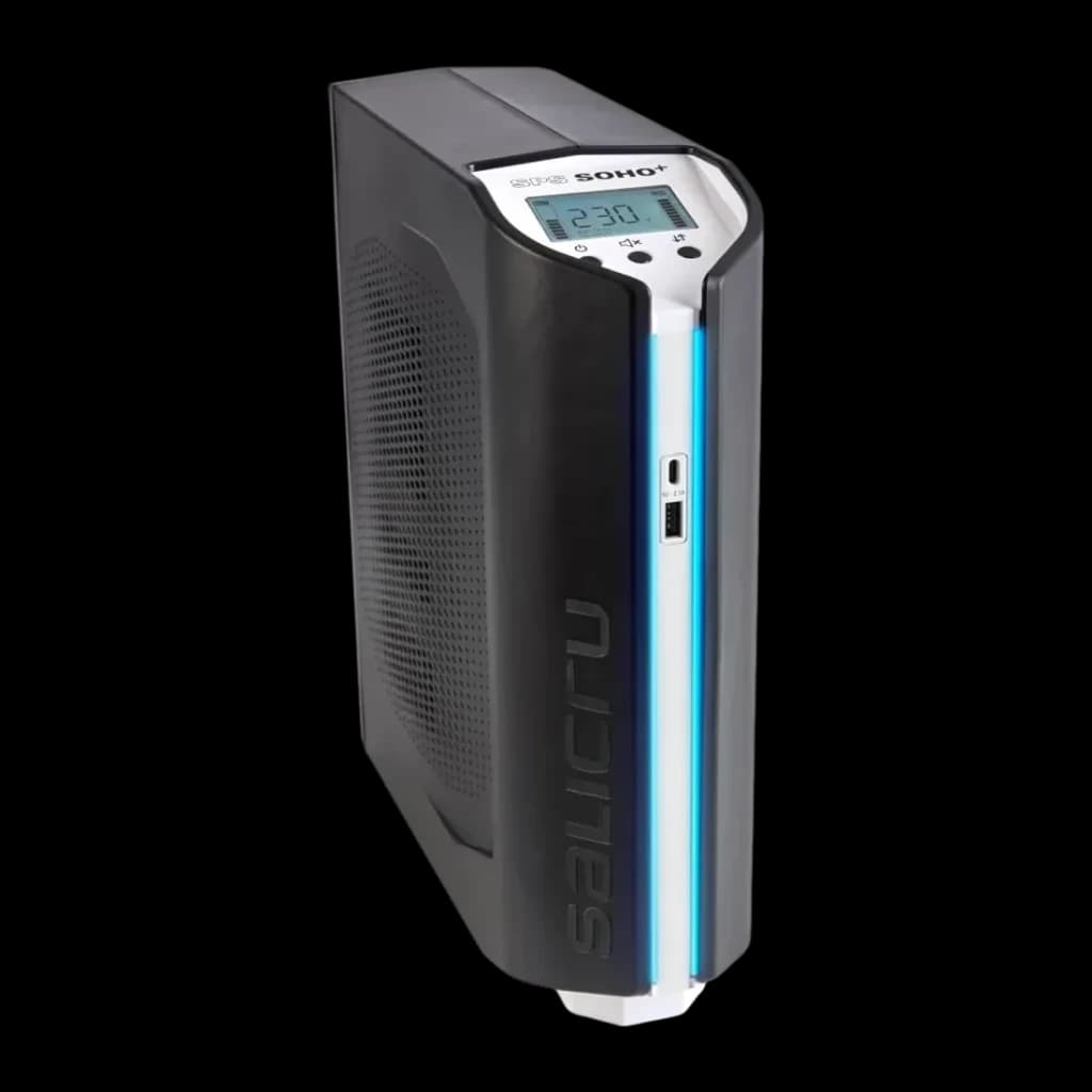 UPS Salicru SPS 2250 SOHO+ Linha Interativa 2250VA Preto, detalhe: vista lateral em ângulo com ecrã LCD, faixa azul e grelha