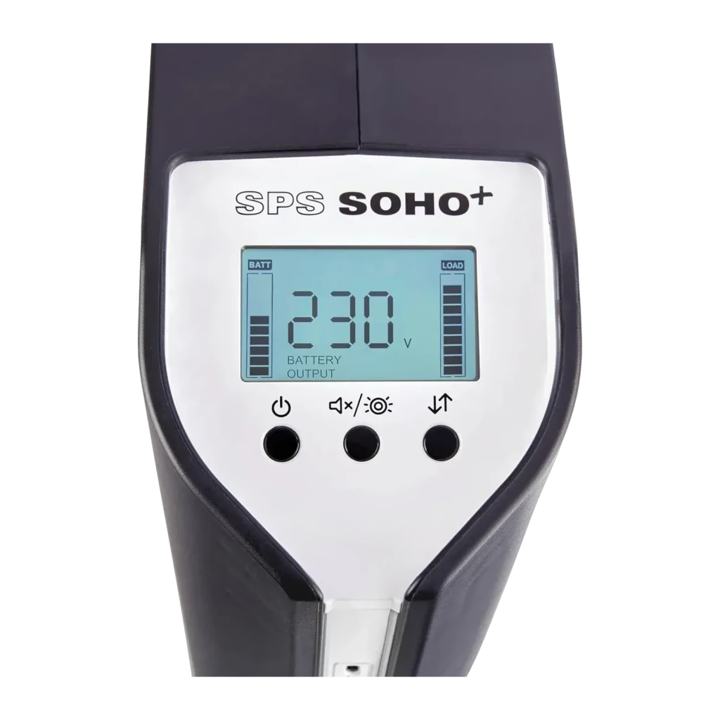 UPS Salicru SPS 2250 SOHO+ Linha Interativa 2250VA Preto, detalhe: painel frontal com ecrã LCD 230V, indicadores BATT e LOAD