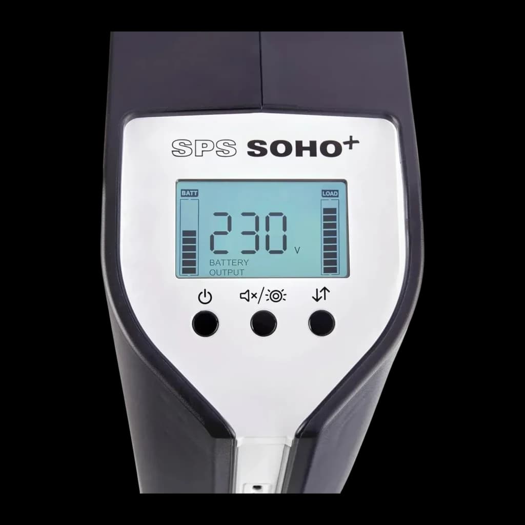 UPS Salicru SPS 2250 SOHO+ Linha Interativa 2250VA Preto, detalhe: painel frontal com ecrã LCD 230V, indicadores BATT e LOAD