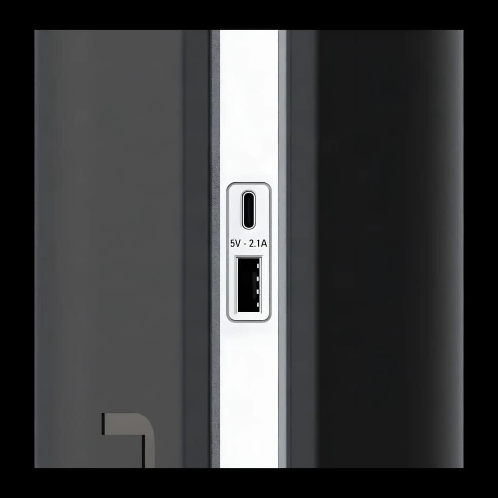 UPS Salicru SPS 2250 SOHO+ Linha Interativa 2250VA Preto, detalhe: portas USB-C e USB-A 5V 2.1A na faixa frontal prateada