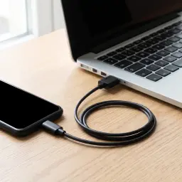 Cable usb Lanberg CA-USBO-10CC-0018-BK USB-C a USB-A 1,8m Negro, en uso: conectado entre smartphone y laptop