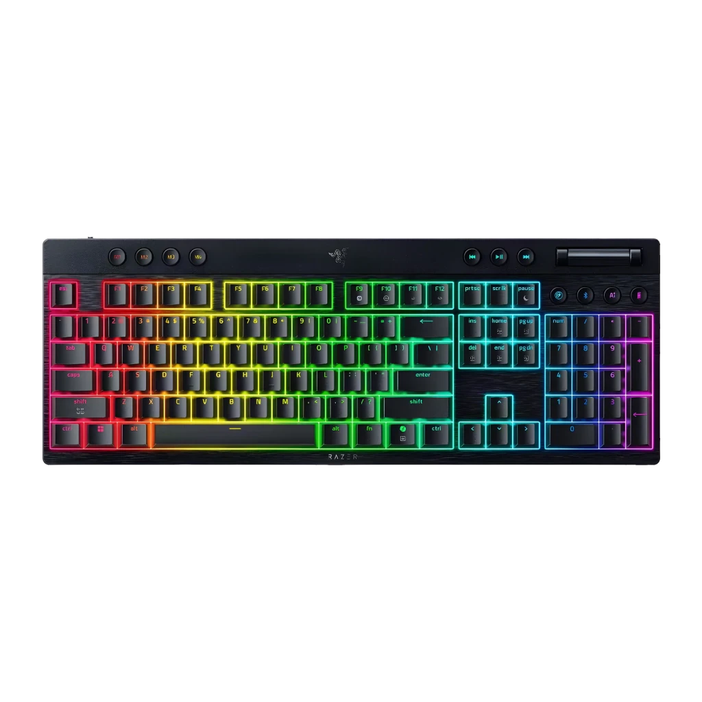 Teclado Gaming Razer BlackWidow V4 Low-Profile HyperSpeed Inalámbrico Negro, vista frontal: retroiluminación RGB multicolor