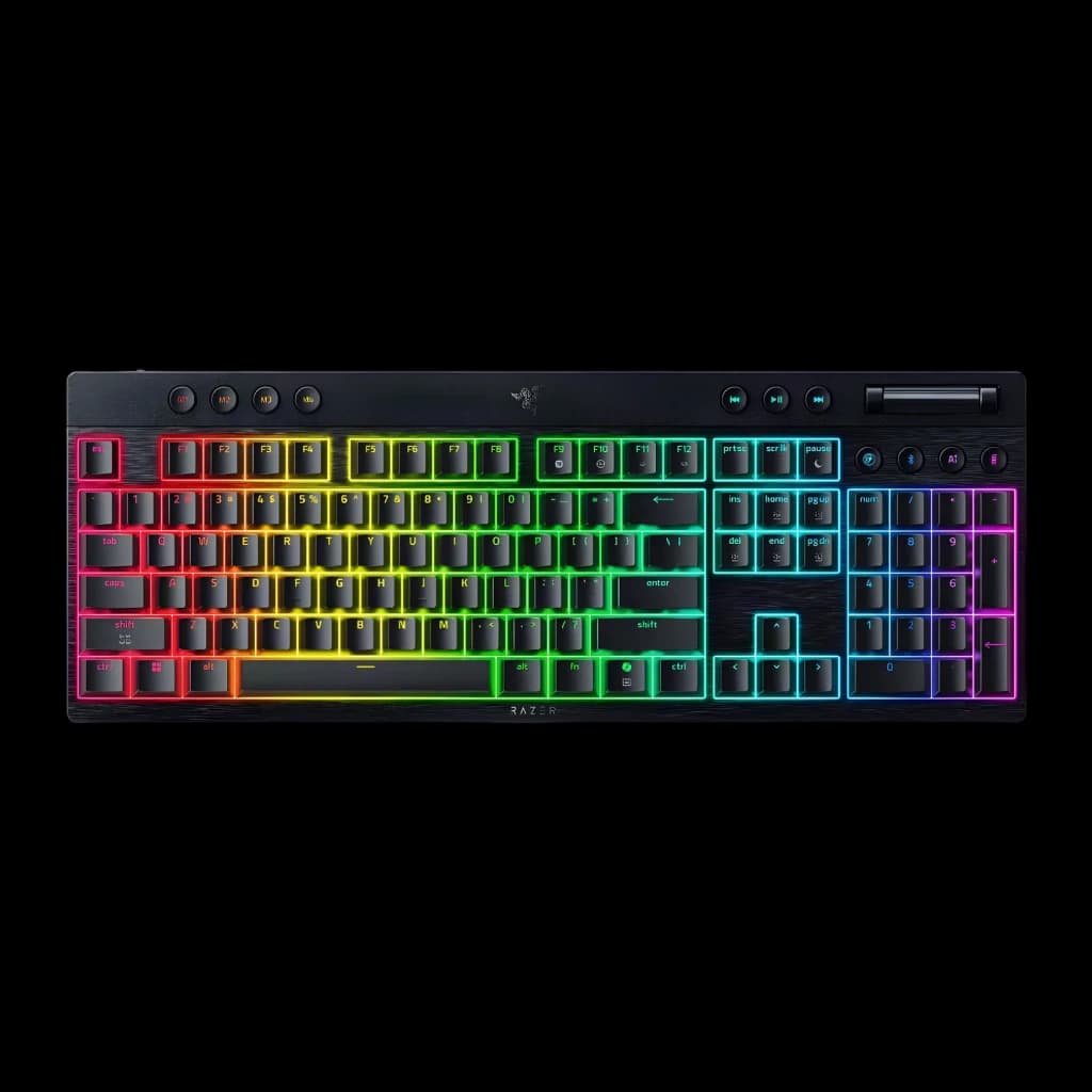 Teclado Gaming Razer BlackWidow V4 Low-Profile HyperSpeed Inalámbrico Negro, vista frontal: retroiluminación RGB multicolor