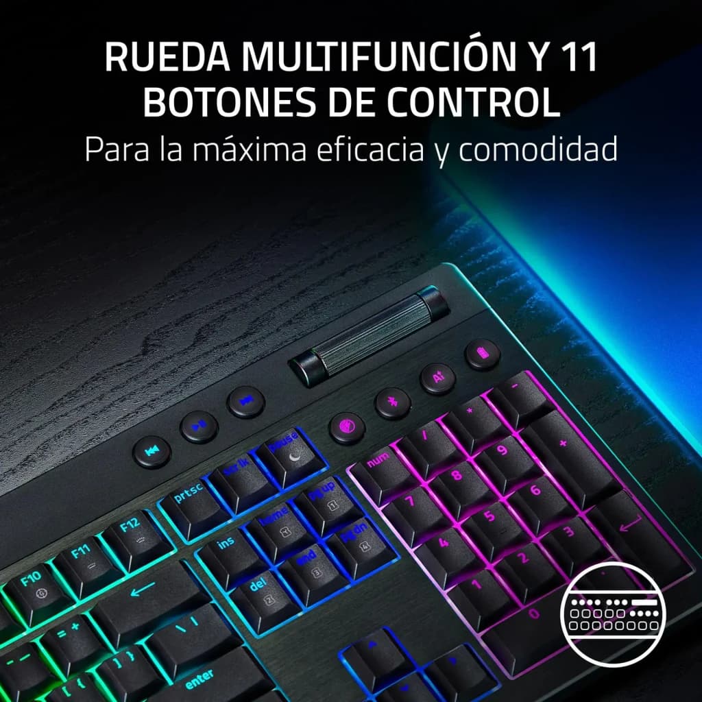 Teclado Gaming Razer BlackWidow V4 Low-Profile HyperSpeed Inalámbrico Negro, detalle: rueda multifunción y 11 botones