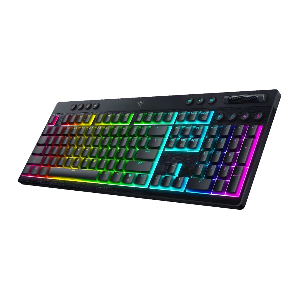 Teclado Gaming Razer BlackWidow V4 Low-Profile HyperSpeed Inalámbrico Negro, detalle: vista en ángulo con iluminación RGB