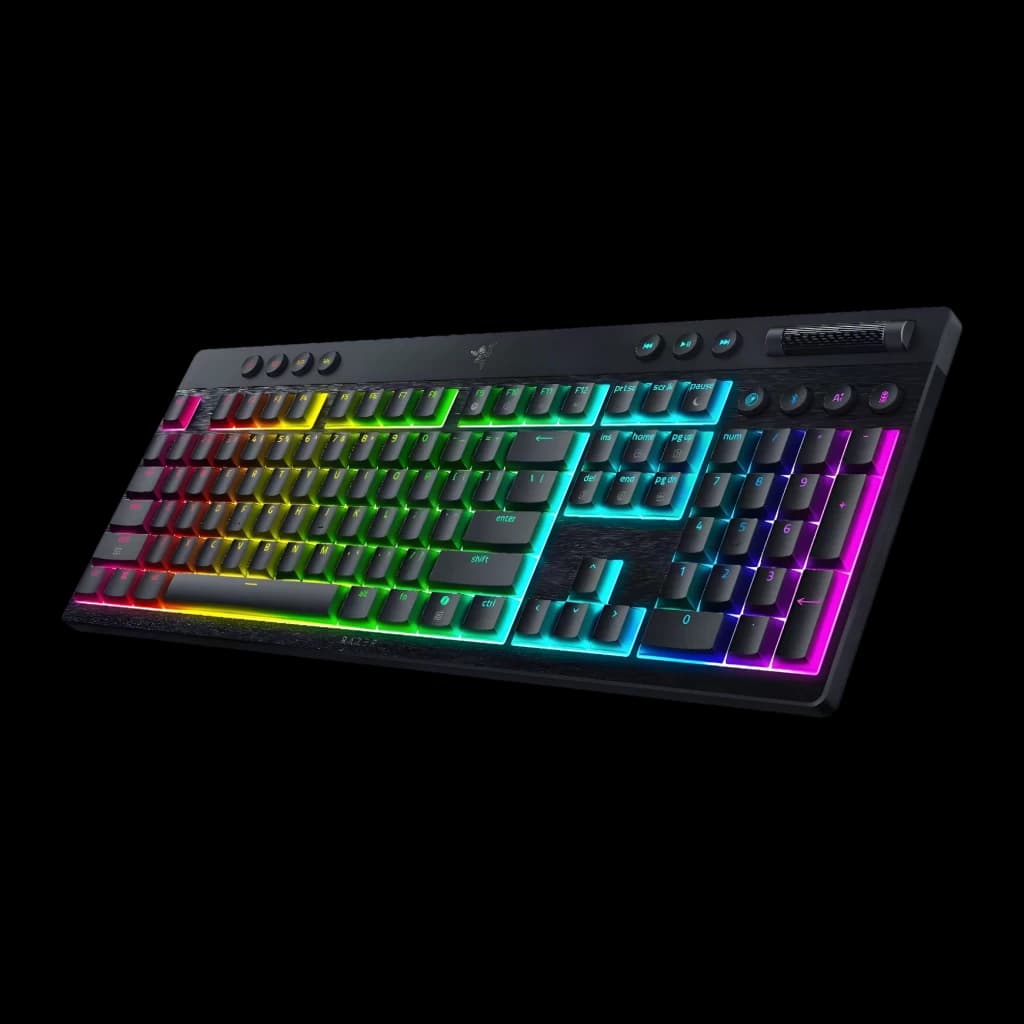 Teclado Gaming Razer BlackWidow V4 Low-Profile HyperSpeed Inalámbrico Negro, detalle: vista en ángulo con iluminación RGB