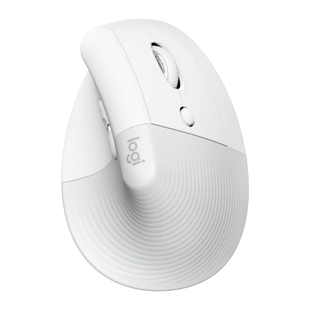 Ratón Logitech Lift Vertical Ergonomic Blanco Inalámbrico, detalle: vista superior con rueda SmartWheel, botón y textura