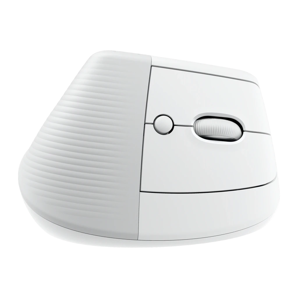 Souris Logitech Lift Vertical Ergonomic Blanc Sans Fil, détail: vue du dessus avec molette, bouton central et texture striée