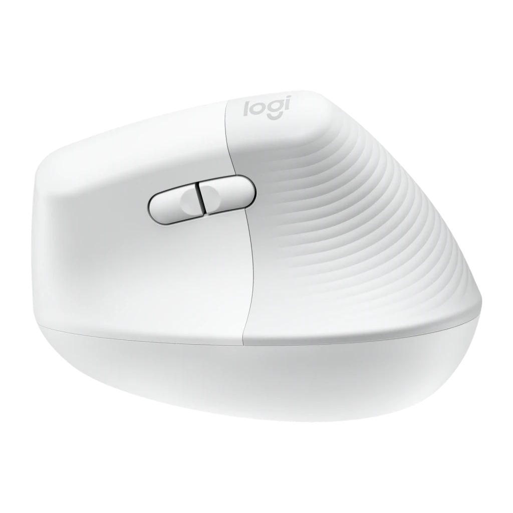 Souris Logitech Lift Vertical Ergonomic Blanc Sans Fil, détail: vue du dessus avec molette et texture de lignes en relief
