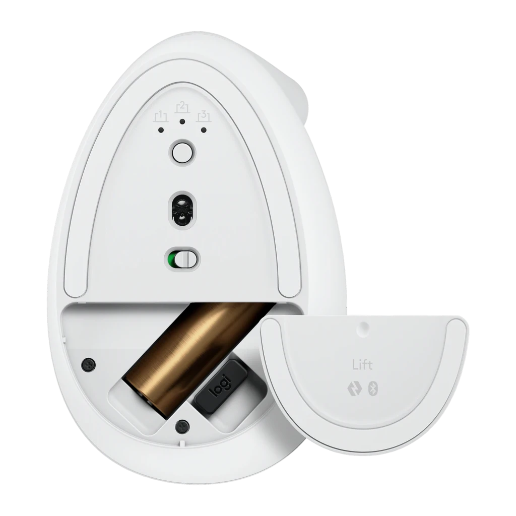 Ratón Logitech Lift Vertical Ergonomic Blanco Inalámbrico, vista trasera: base con sensor, interruptor on/off, compartimento