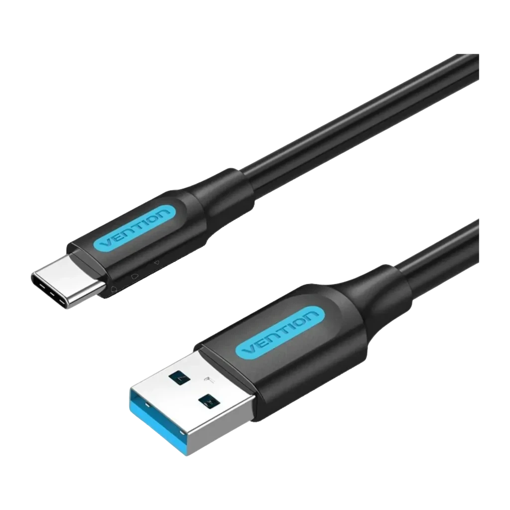 Câble Vention COZBG USB-A vers USB-C 3 A Charge Rapide 1,5 m Noir, vue de face: connecteurs USB-A et USB-C avec logo bleu