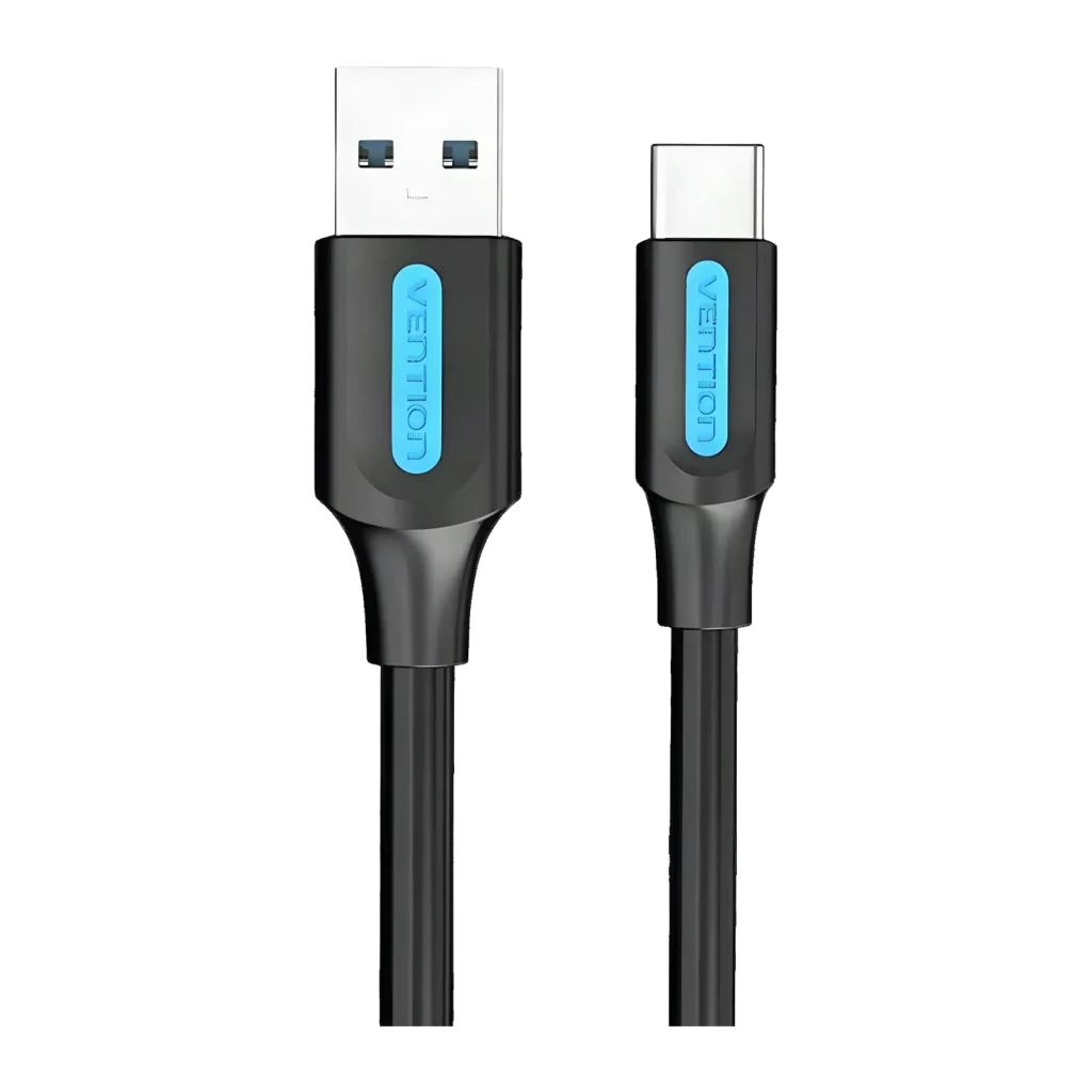 Câble Vention COZBG USB-A vers USB-C 3 A Charge Rapide 1,5 m Noir, détail: connecteurs USB-A et USB-C avec logo bleu