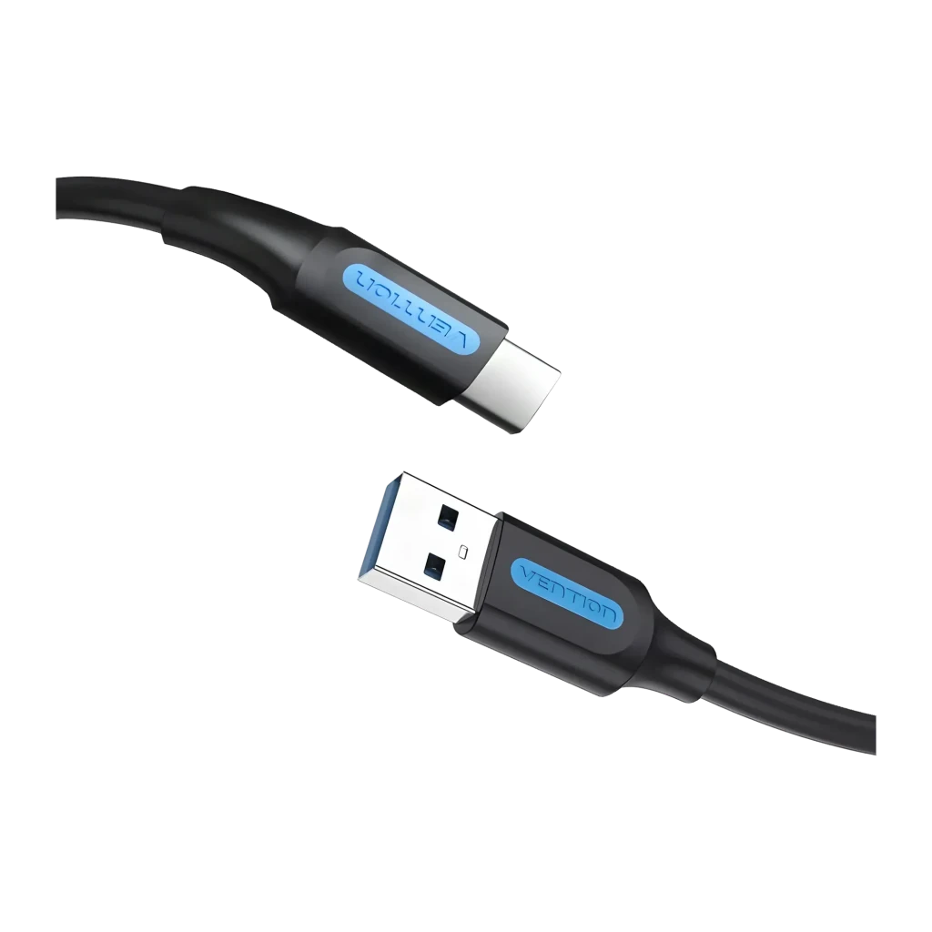 Câble Vention COZBG USB-A vers USB-C 3 A Charge Rapide 1,5 m Noir, détail: connecteurs USB-A et USB-C avec logo bleu