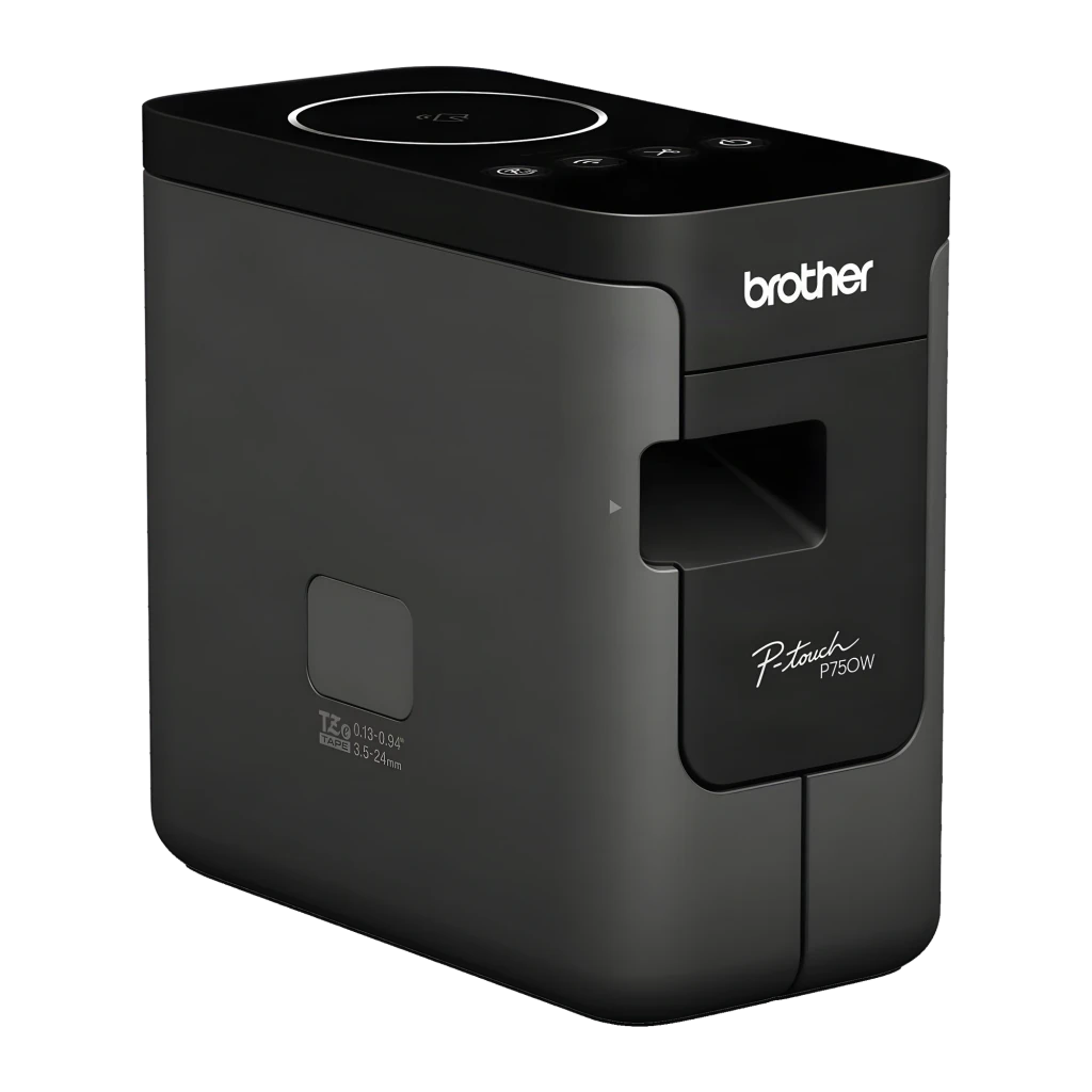Rotuladora Brother PT-P750W WiFi Negro, vista frontal: cuerpo compacto gris oscuro, logo Brother, ranura de cinta y botones