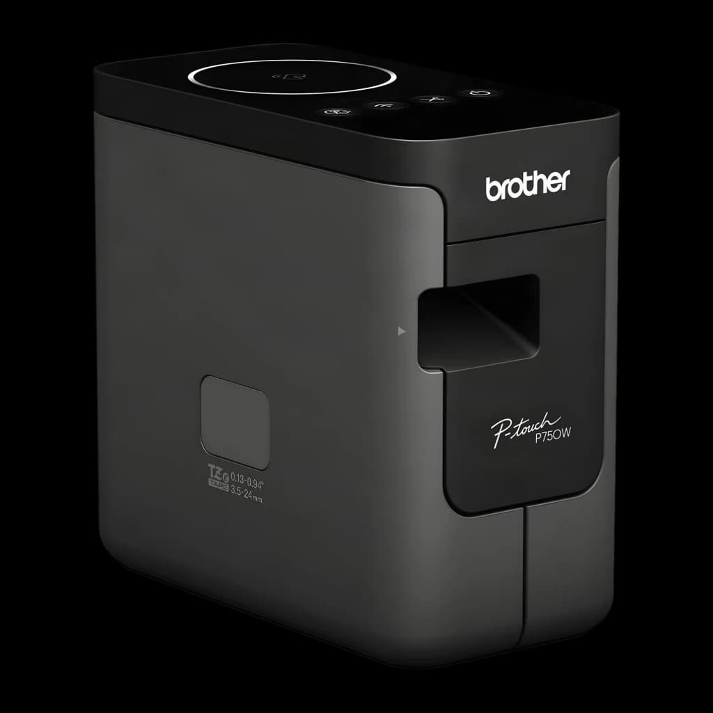 Rotuladora Brother PT-P750W WiFi Negro, vista frontal: cuerpo compacto gris oscuro, logo Brother, ranura de cinta y botones