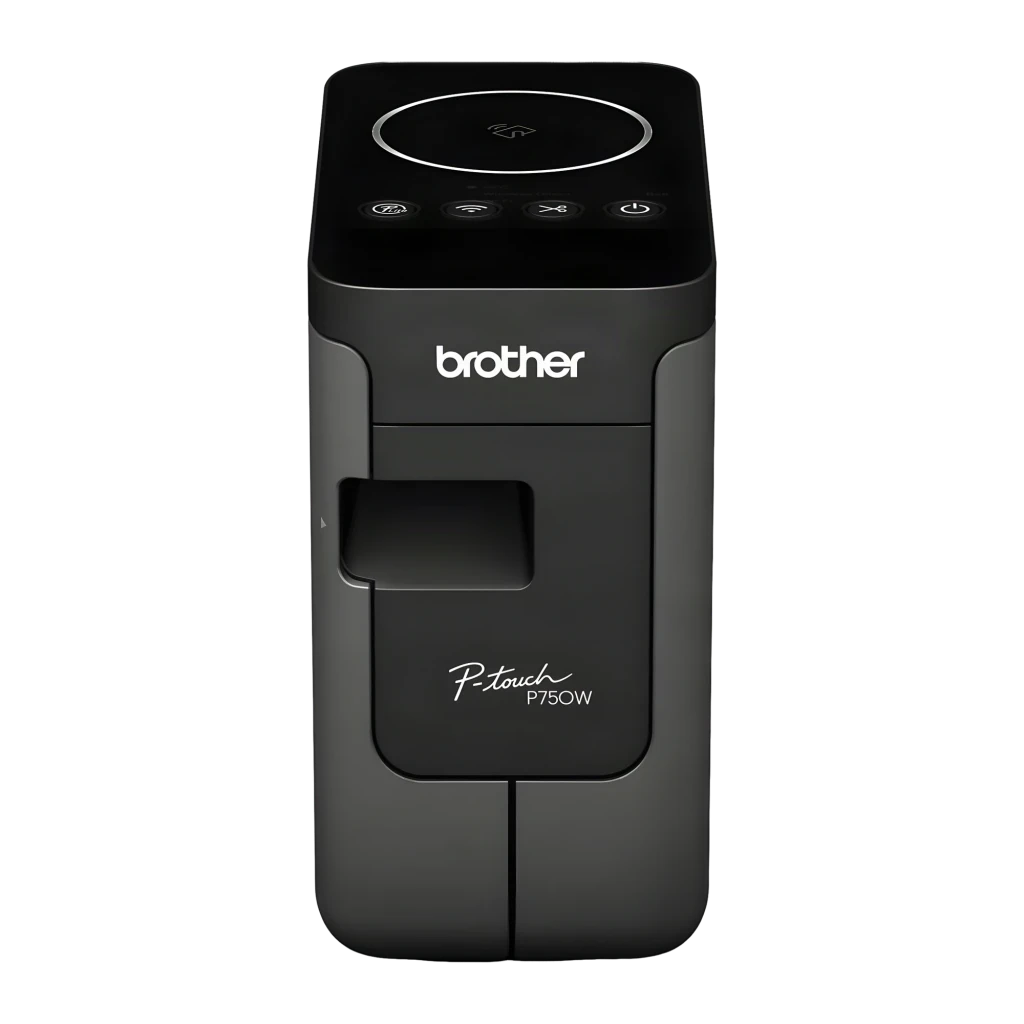 Rotuladora Brother PT-P750W WiFi Negro, detalle frontal: panel táctil circular, botones WiFi y encendido, ranura de cinta