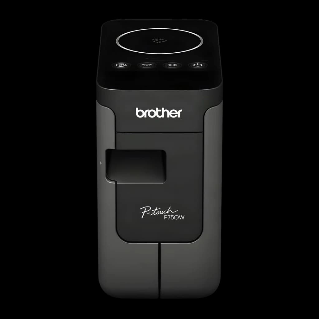 Rotuladora Brother PT-P750W WiFi Negro, detalle frontal: panel táctil circular, botones WiFi y encendido, ranura de cinta