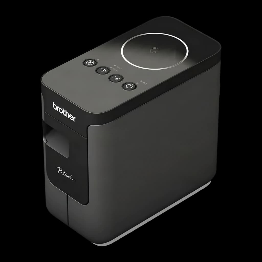 Rotuladora Brother PT-P750W WiFi Negro, detalle: panel superior con botones WiFi, Bluetooth y encendido, y ranura de salida