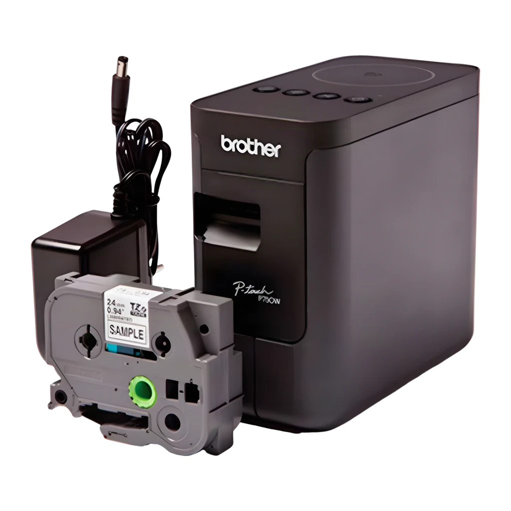 Rotuladora Brother PT-P750W WiFi Negro, detalle: casete de cinta TZe extraído junto a la impresora y cable de alimentación