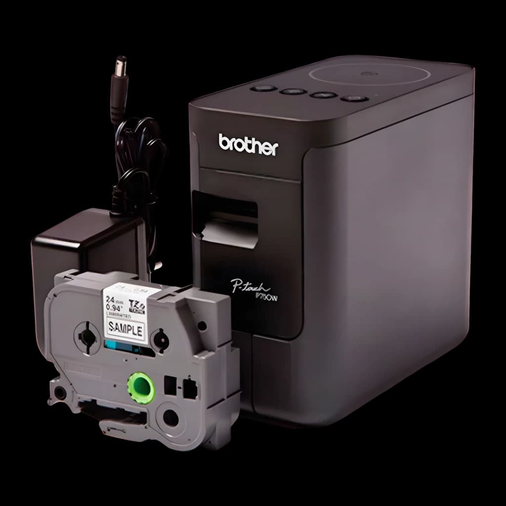 Rotuladora Brother PT-P750W WiFi Negro, detalle: casete de cinta TZe extraído junto a la impresora y cable de alimentación
