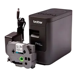 Rotuladora Brother PT-P750W WiFi Negro, detalle: casete de cinta TZe extraído junto a la impresora y cable de alimentación