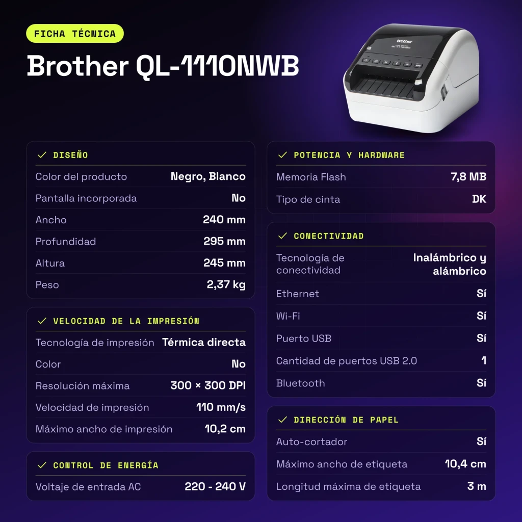 Impresora de etiquetas Brother QL-1110NWBc Monocromo WiFi Bluetooth - características
